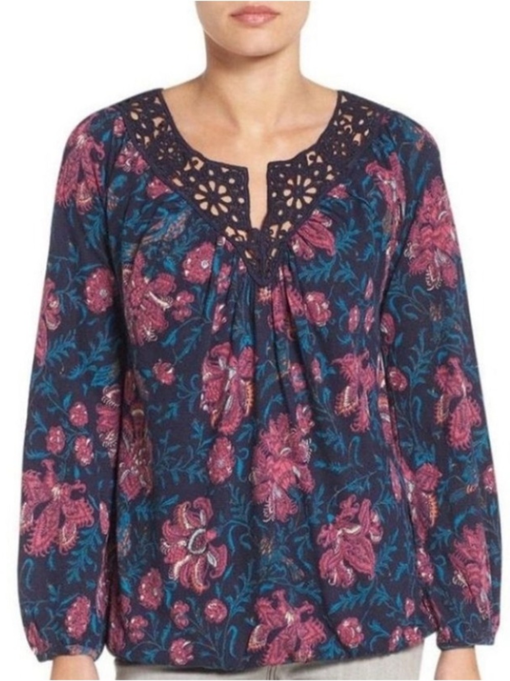 Lucky Brand Navy Floral Crochet Yoke Peasant Blouse L
